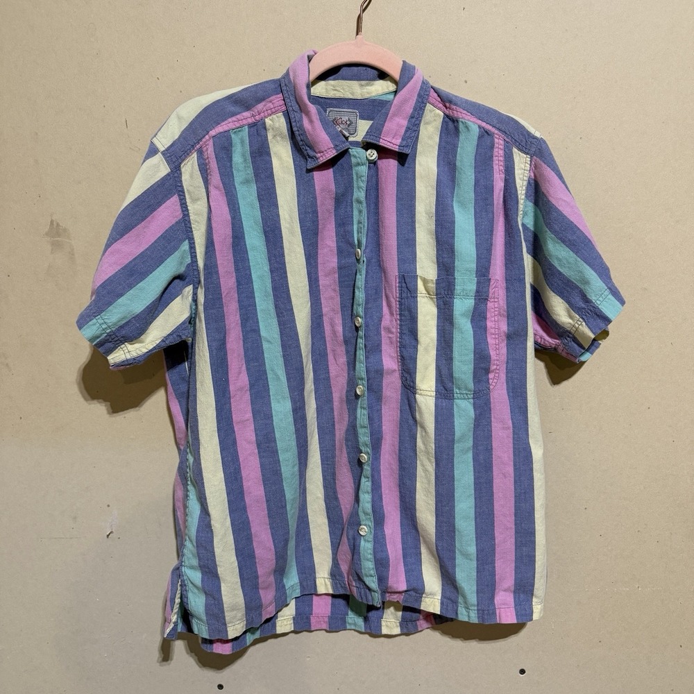 Vintage Klick Striped Short Sleeve Button Down Shirt 90s Pastel Retro Size M